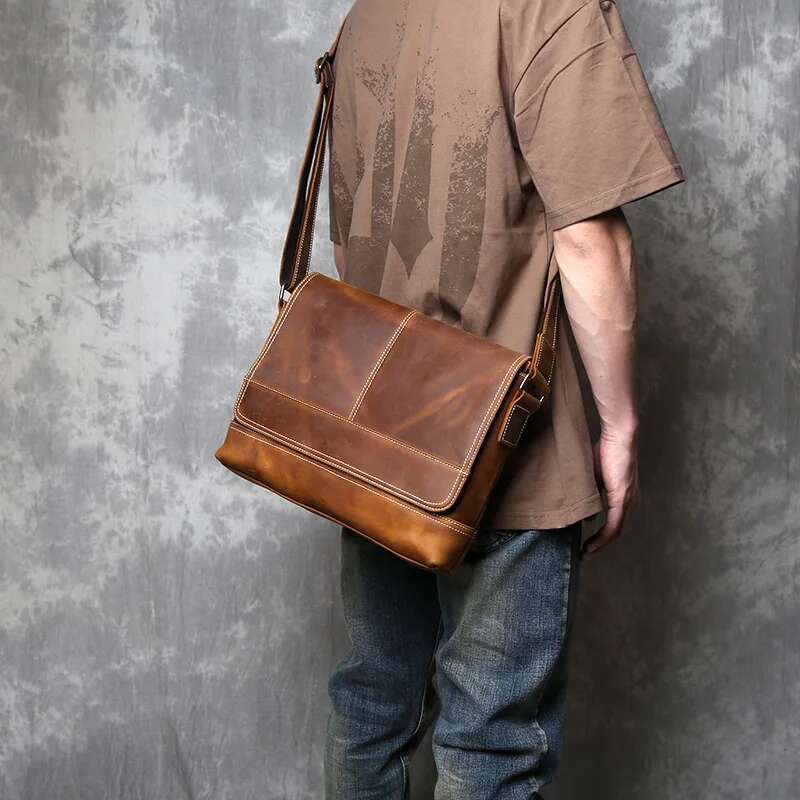 New Crazy Horse Men's Original Retro Shoulder Horizontal A4 Postman Bag Handmade Leather Crossbody Bag.