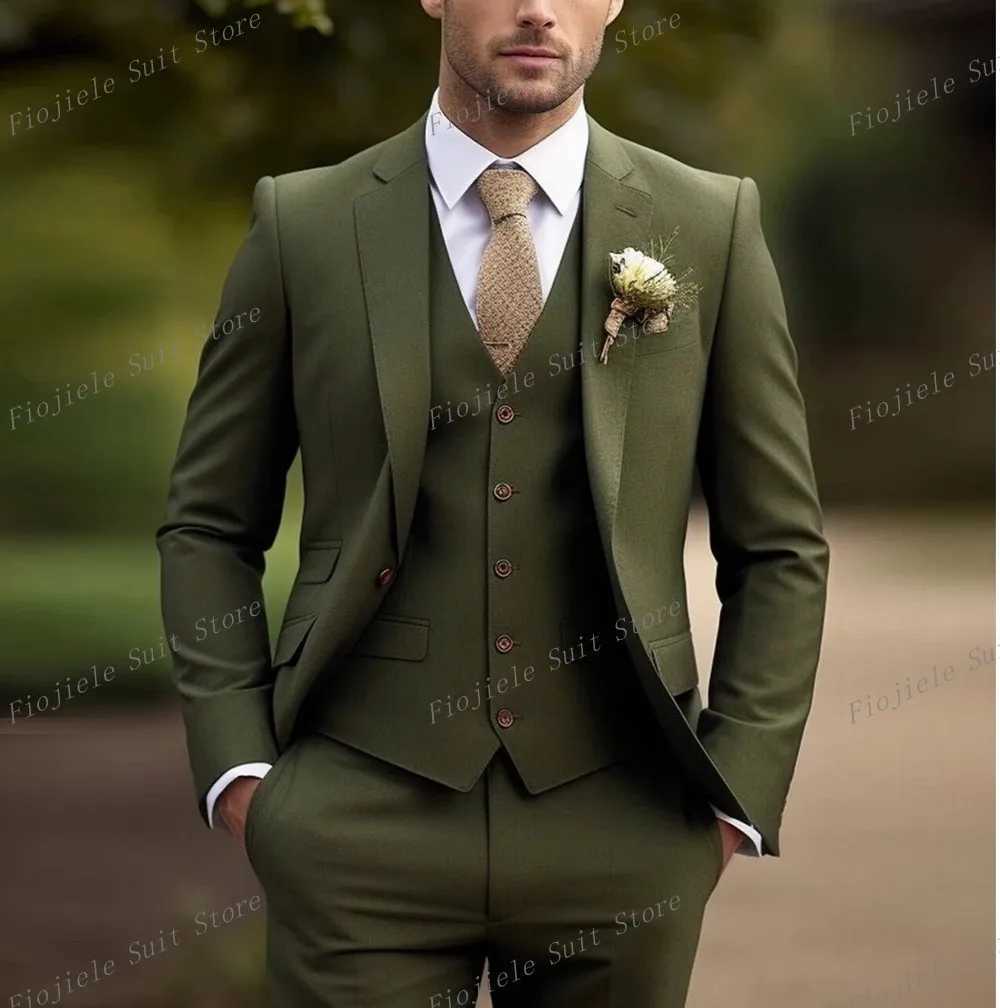 Army Green Business Suit Men Tuxedos Groom Groomsman Prom Wedding Party Formal 3 Piece Set Jacket Vest PantsXJ250222