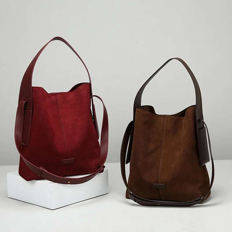 Oversize Women Suede Leather Winter Bags Frosted Handbag And Purses Retro Lady 2In1 Tote Bucket Bag With Hanging Ears
