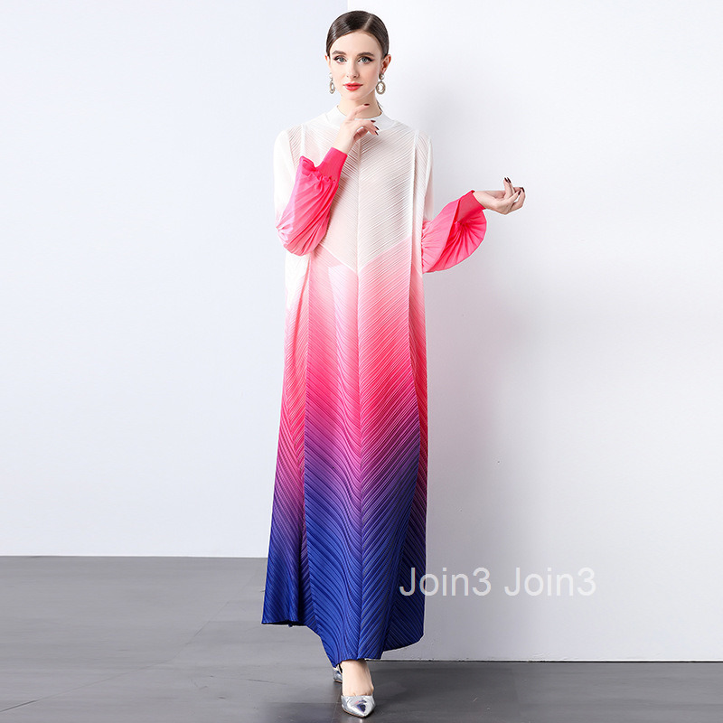 pleated gradient long skirt womens fashion temperament loose plus long sleeved stand up collar dress