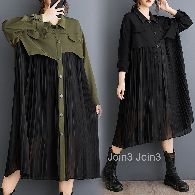 autumn new niche long sleeved shirt skirt loose patchwork pleated dress fashionable contrasting mid length skirt