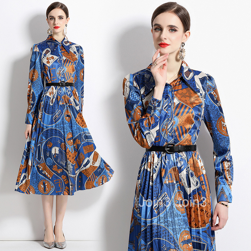 new French fashion printed heavy pleated long sleeved shirt dress