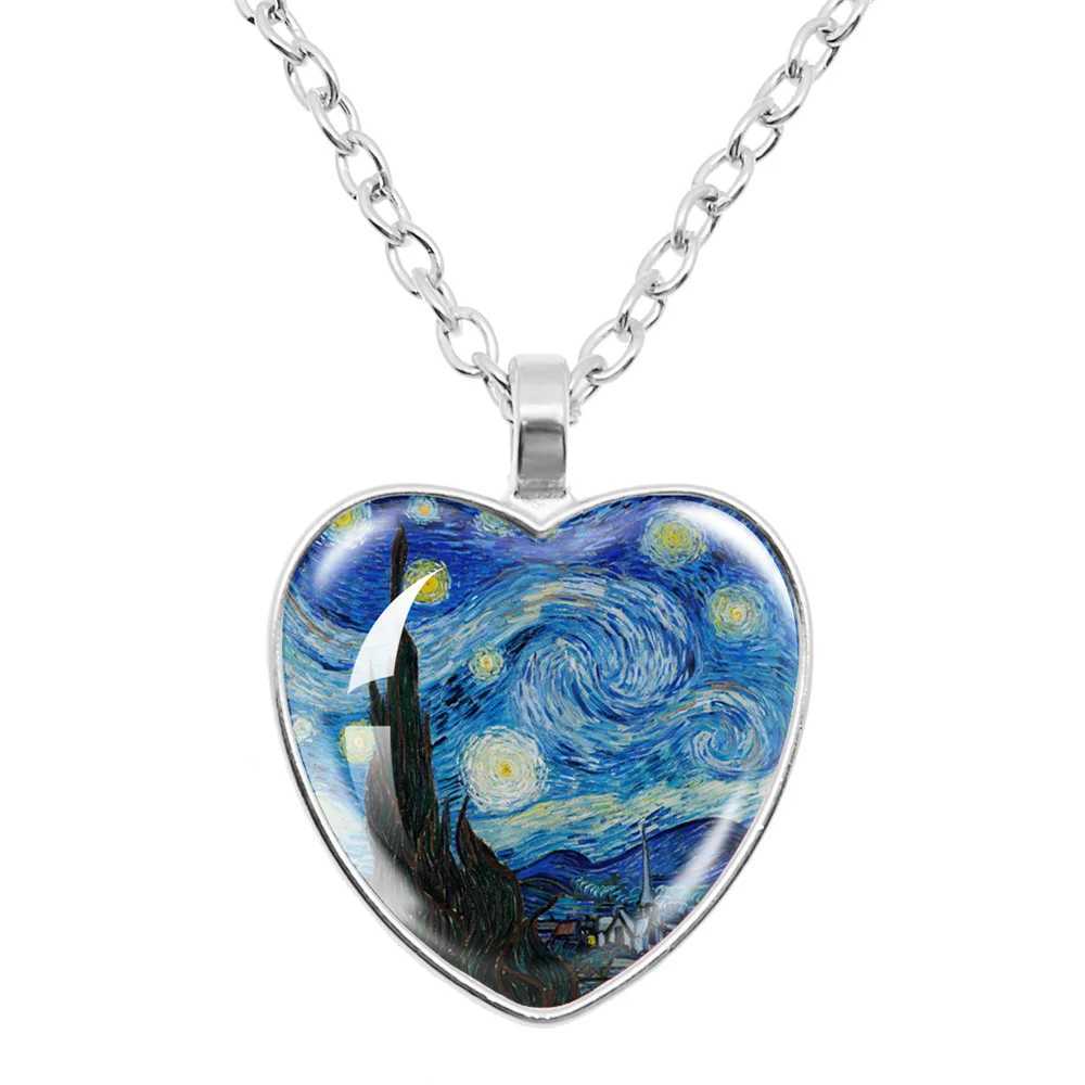 Fashion Van Gogh Art Starry Night Sunflower Necklace Glass Cabocon Painting Heart Pendant Printed Photo Necklace W250221