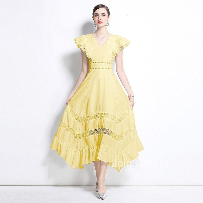 vacation style dress with fly sleeves and hollowed out lace patchwork dress