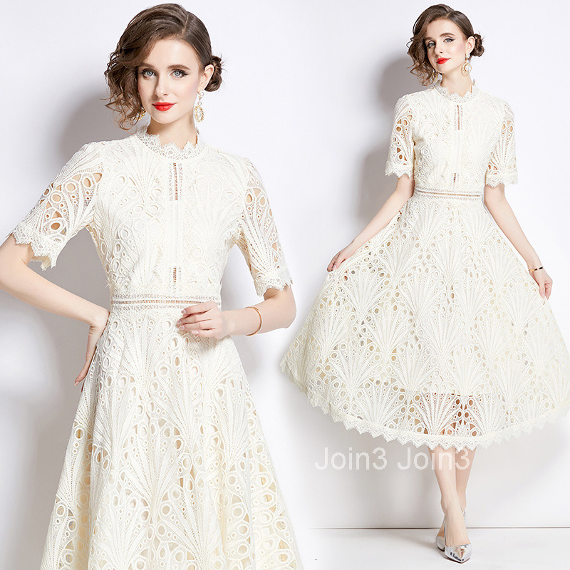 Summer New Womens Clothing Style Fashion Lace Dress Hook Flower Embroidery Large Swing Long Dress