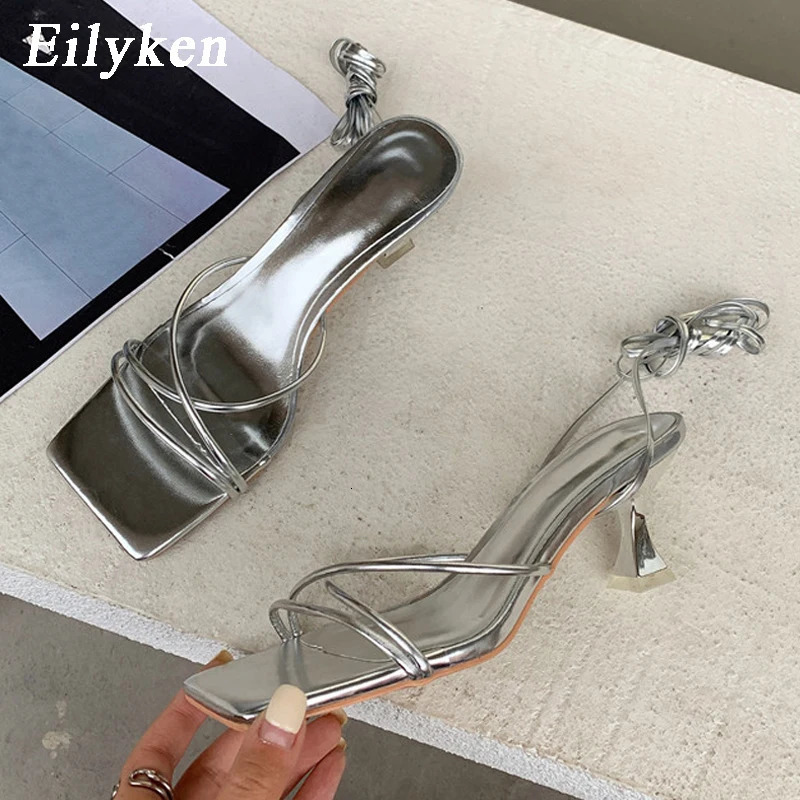 Eilyken Fashion Gold Silver Sandals Thin Low Heel Lace Up Rome Summer Gladiator Women Casual Narrow Band Shoes 250221