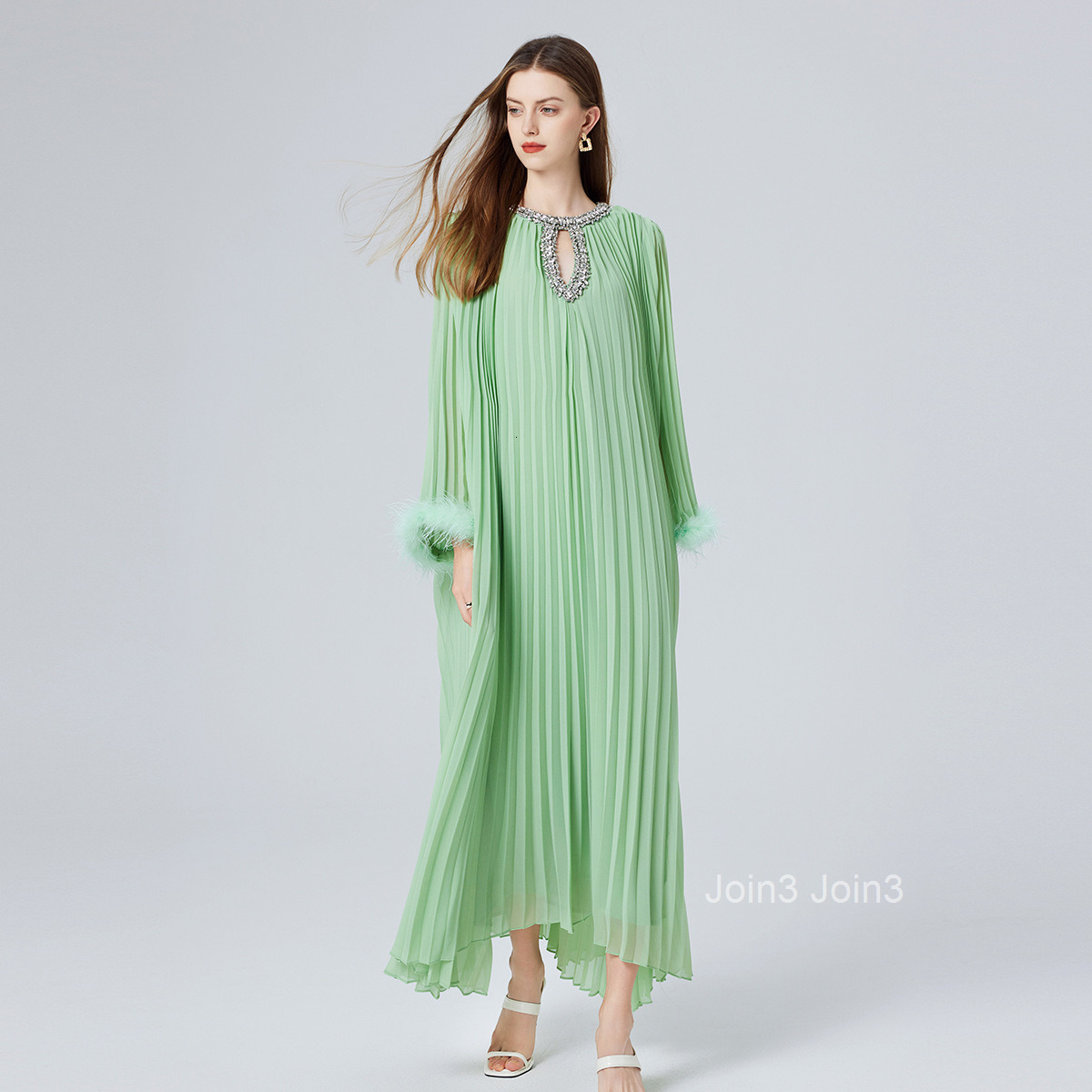 color autumn new womens clothing nail bead ostrich fur 6-meter large swing lace up pleated long skirt dress