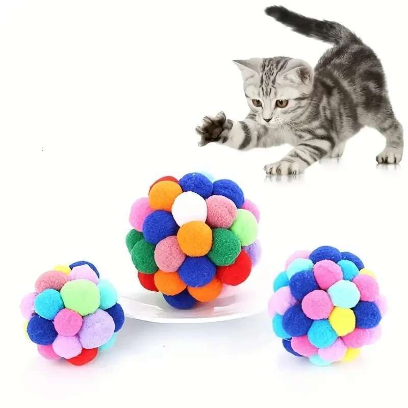 3PCS Toys Plush Toy Pet Elastic Bell Self Hi Playing Cat Colorful Woolen Ball