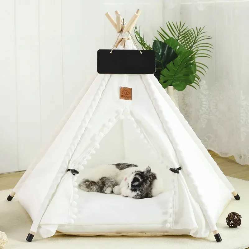 Dog Crates Kennels Dog and Cat Teepee with Cushion Washable Pet Tent with Blackboard and Green Leaves Pattern Cozy Bed for Small Pets H250221