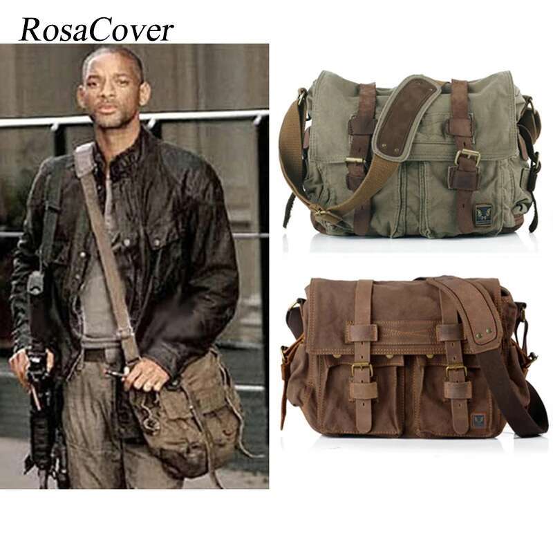 I AM LEGEND Will Smith Military + Genuine Leather Messenger Canvas Shoulder Men Crossbody Casual Bag