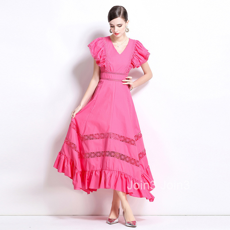 vacation style dress with fly sleeves and hollowed out lace patchwork dress