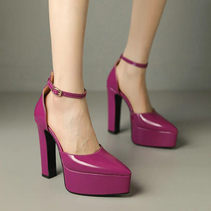 PU Patent Leather Pink Green Pointed Closed Toe Women Mary Janes Pumps Spring Big Size 33-43 Platform Sandals Block High Heels 250221