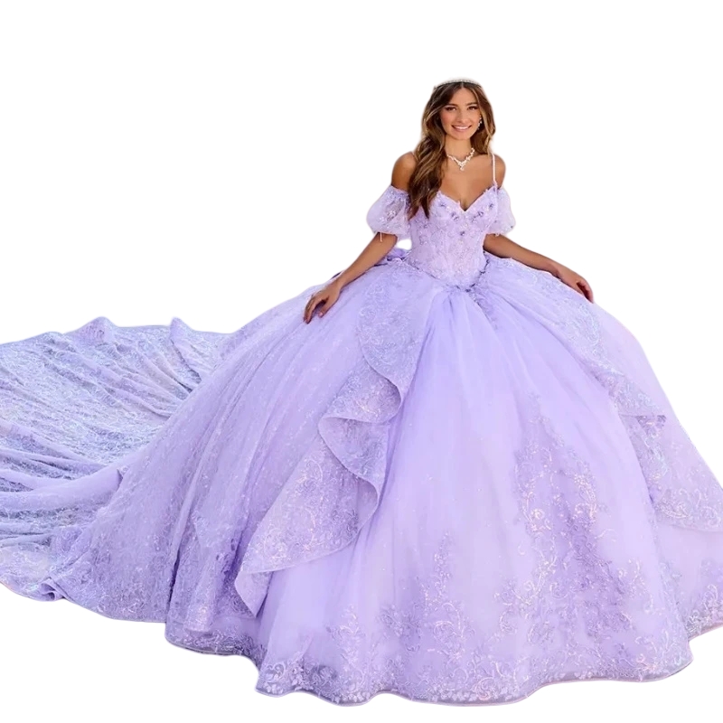Lavender Lace Princess Quinceanera Dresses Long Train Spaghetti Straps Ball Gown Sweet 16 Dress Ruffle Special Occasion Gown 2025