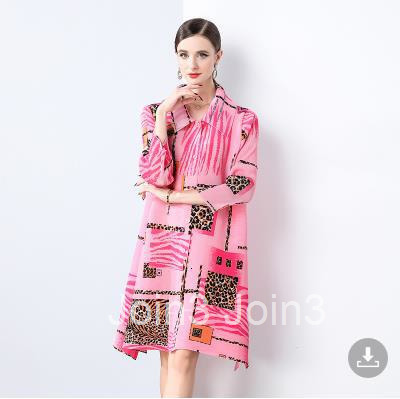 French style pleated printed dress 2024 spring/summer new item lapel plus size three bedroom loose shirt skirt