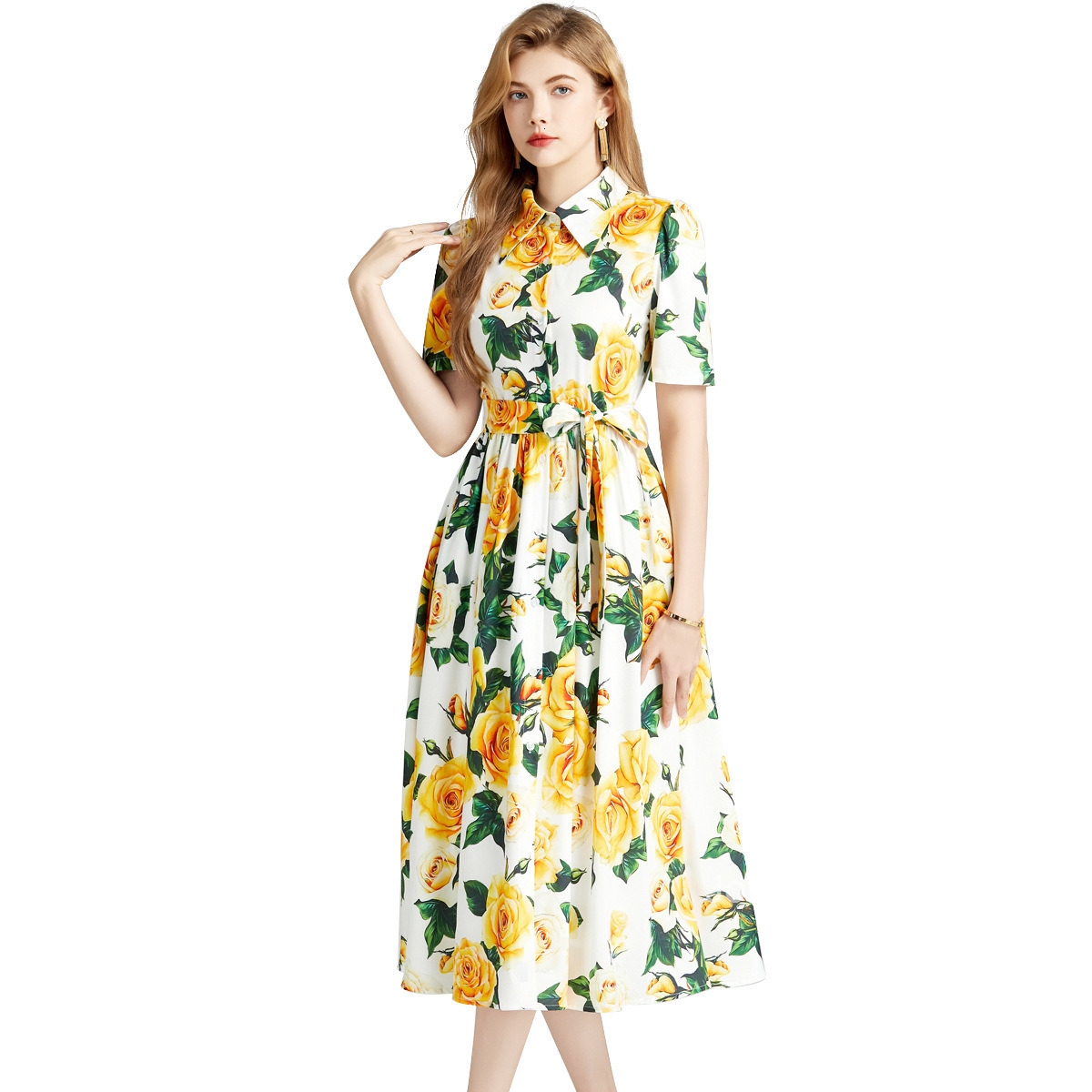 Summer New Womens Clothing Style Collar Short Sleeve Waist for Slimming Printed Long Dress