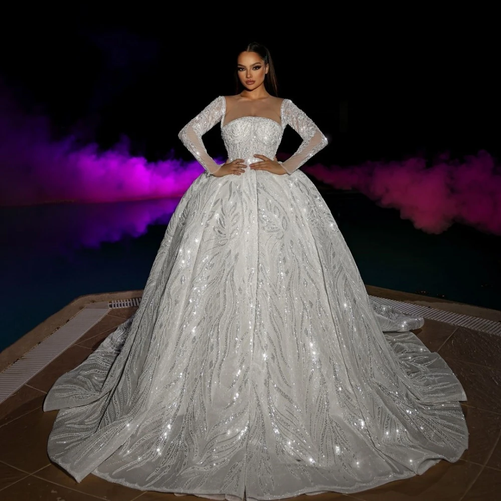 Elegant Ball Gown Wedding Dress For Women Sheer Neck Long Sleeves Bridal Gowns Lace Sequins Sweep Train Dresses Custom Made vestidos de novia