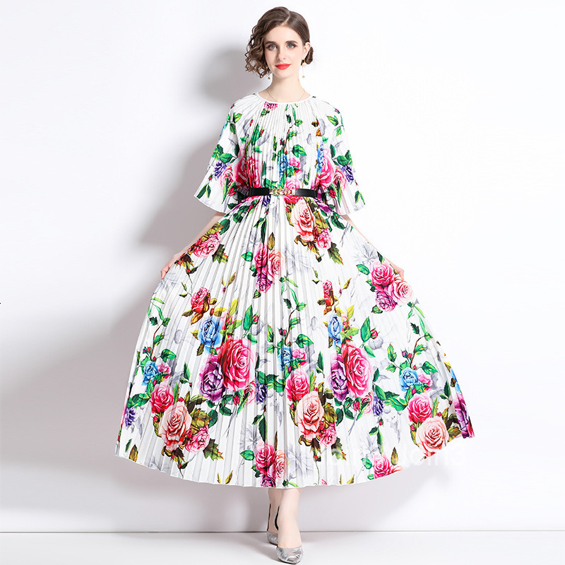 Summer New Womens Artistic Style Printed Mid Sleeve Round Neck Hundred Fold Large Swing Long Dress