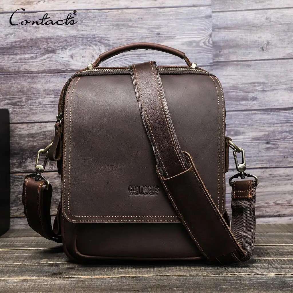 Contact's Crazy Horse Leather Men Messenge Bag Vintage Crossbody Shoulder Bags Multifunction Small Handbag For 10.5 Ipad Bolso