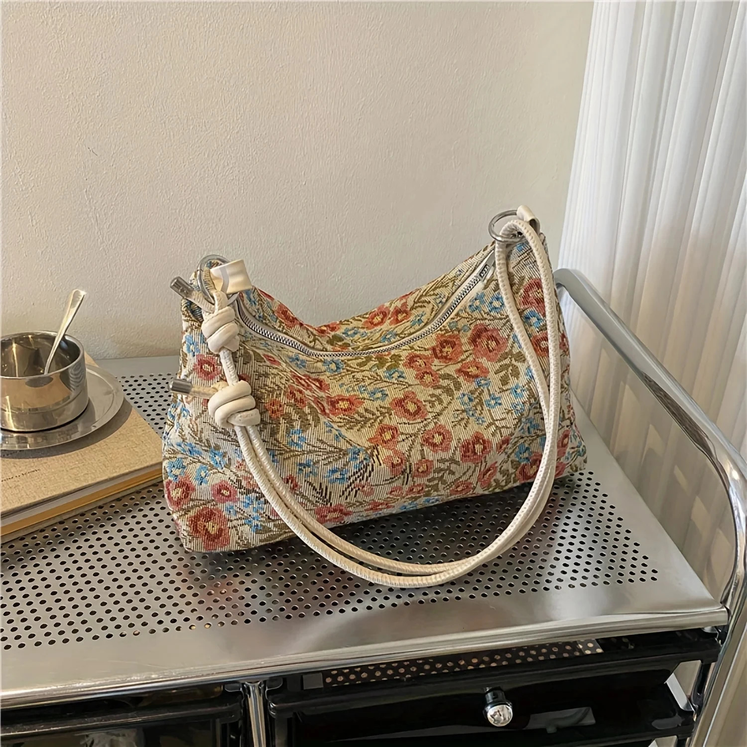 1PC Vintage Print Underarm Bag Large Capacity Fashion Womens Simple Multifunctional Canvas Shoulder Casual Baguette 250213Z