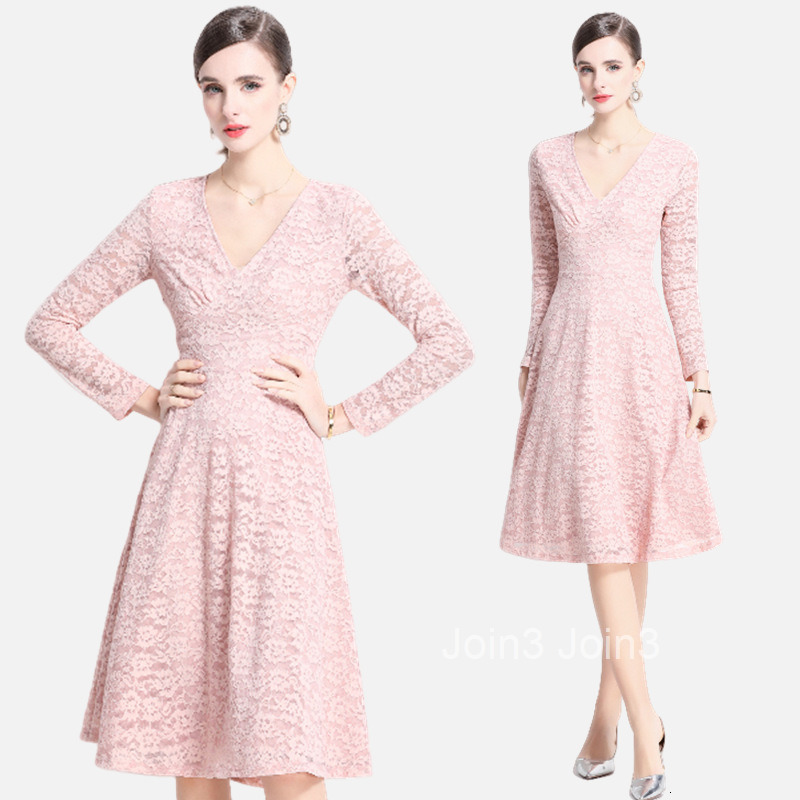 Spring New Womens Clothing Sweet Temperament V-neck Long Sleeved Slim Fit Lace Long Skirt Dress