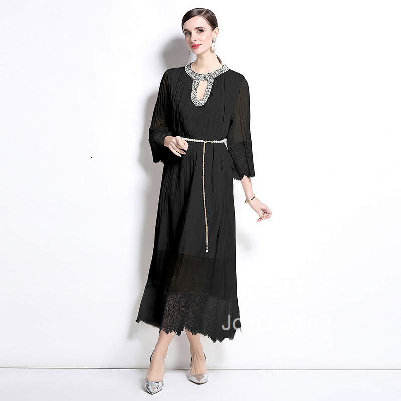 Spring New Womens Style Lace Splicing pleated Long Dress Large Loose Nail Bead Dress