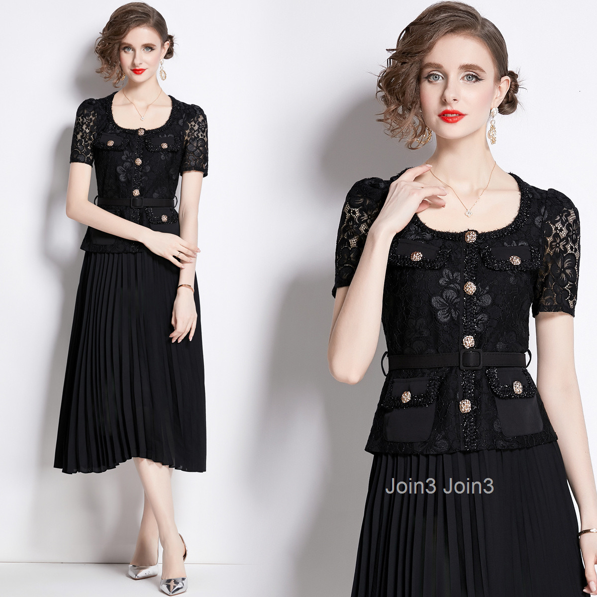 Autumn New Womens Clothing Style Slim Fitting and Slimming Lace Patchwork Medium Long Pleated Dress