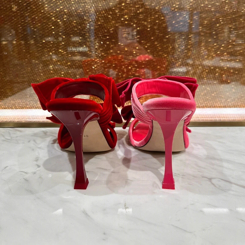 Bow Sugar Pink Pile Sandals 2024 Lady Sandals Square Toe Open Toe Stiletto Black Heels 250214
