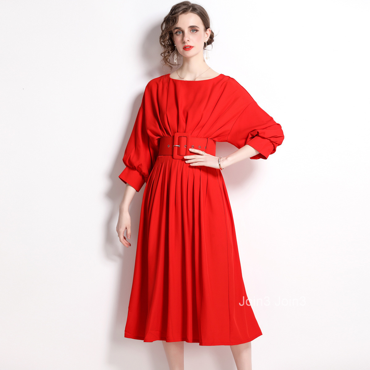 Spring and Autumn womens clothing temperament solid color bat sleeves high waist slimming pleated skirt dress (with belt)