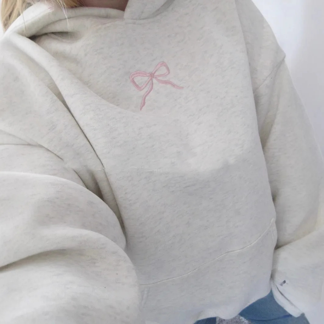 Y2K Harajuku Vintage Streetwear Shell Bow Embroidery Grey Hoodie Jumper Fairy Tale Core Kawaii Women Sweatshirt Fall Top Hoody 250221