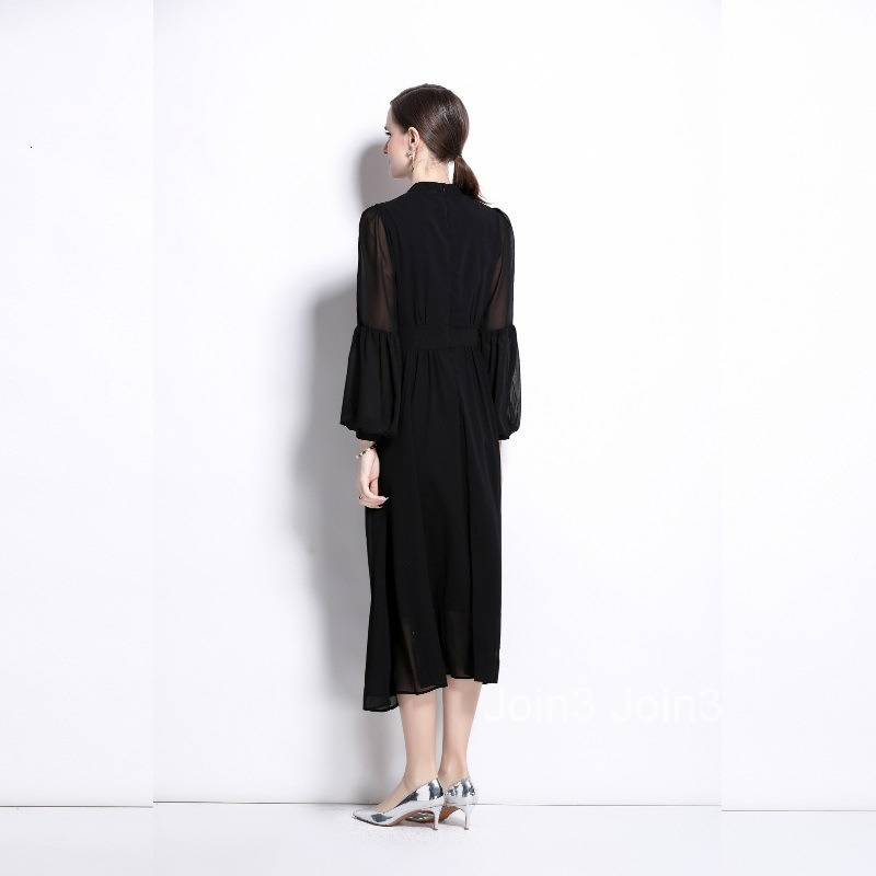 Heavy Industry Single Row Metal Buckle Hundred Fold Stitching Bubble Sleeves Waist up Big Swing Elegant Long Dress