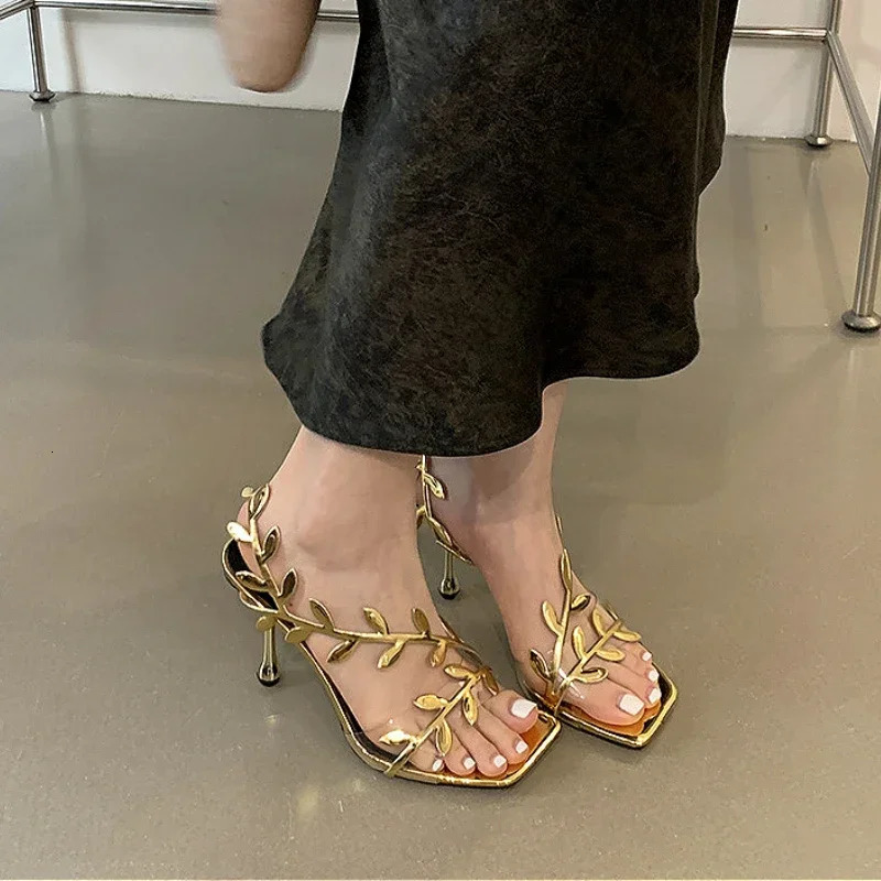 Gold Silver Design High Heels Women Summer Open Toe Footwear Foliage Decorate Luxury Party Dance Shoe Fashion Sandalias De Mujer 250221