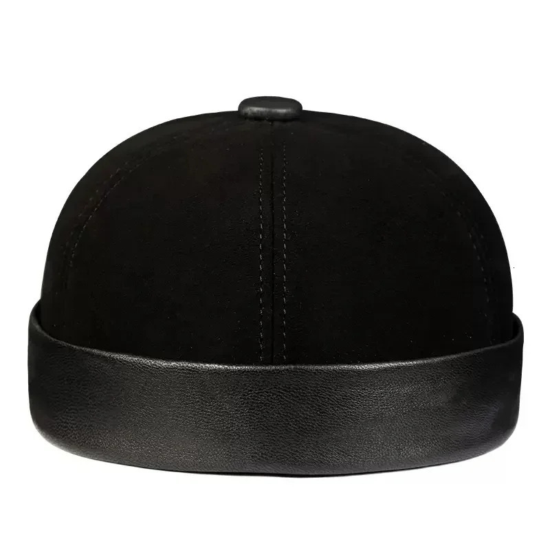 In Men Suede Hats Winter Warm Soft Genuine Leather Retro Round Skull Caps Casual Landlord Bonnet Bone Brimless Docker Beanie 250221