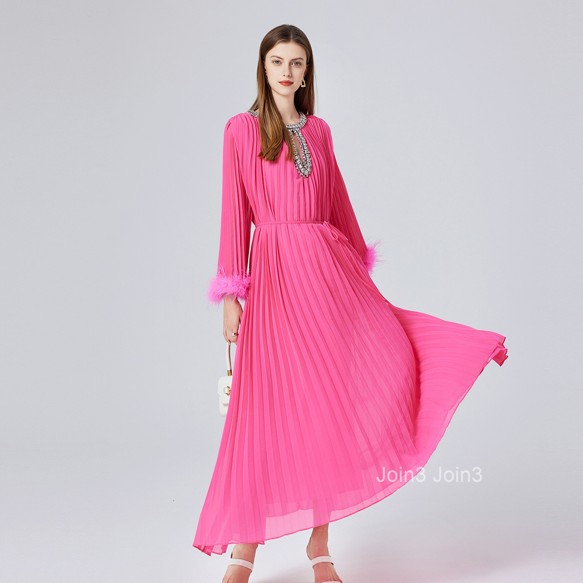 color autumn new womens clothing nail bead ostrich fur 6-meter large swing lace up pleated long skirt dress