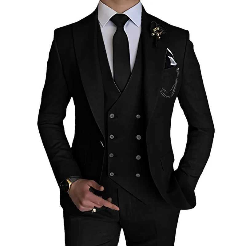 Fashion New Men Boutique Business Solid Color Wedding Suit Coat Pants Vest 3Pcs Set Dress Blazers Jacket Trousers Mens clothingXJ250222