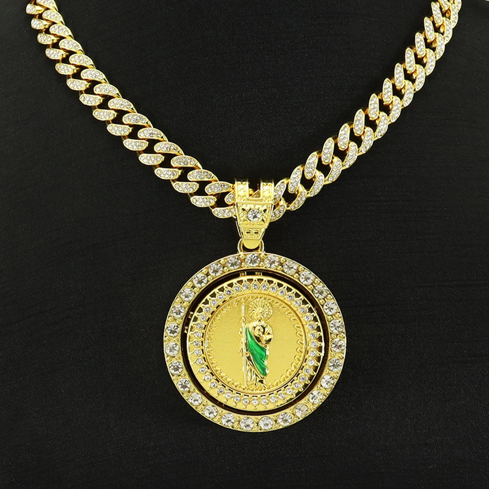Mens Hip Hop Rotatable St. Jude San Judas Pendant Necklace with Cuban Chain Religious rotation Saint Jude Idol Pendants Jewelry 250222