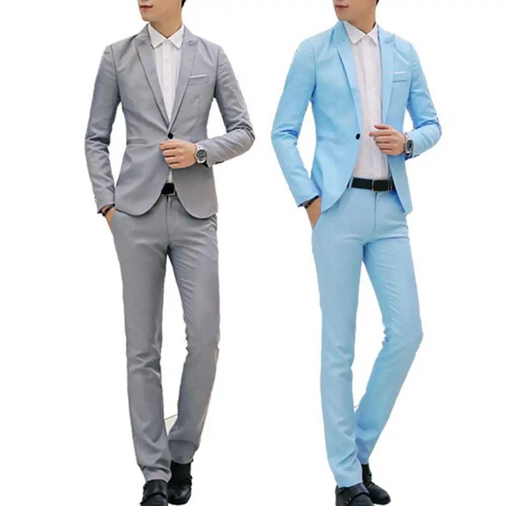 Mens Slim Fit Pants Set Mens Slim Fit Business Suit Set with Single Button Long Pants Spring Autumn Solid Color Lapel DesignXJ250222