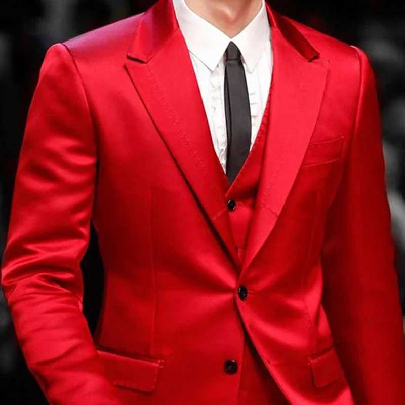 Slim Fit Red Men Suits for Prom Singer Stage 3 Piece Satin Wedding Groom Tuxedo Male Fashion Jacket Waistcoat with Pants 2023XJ250222