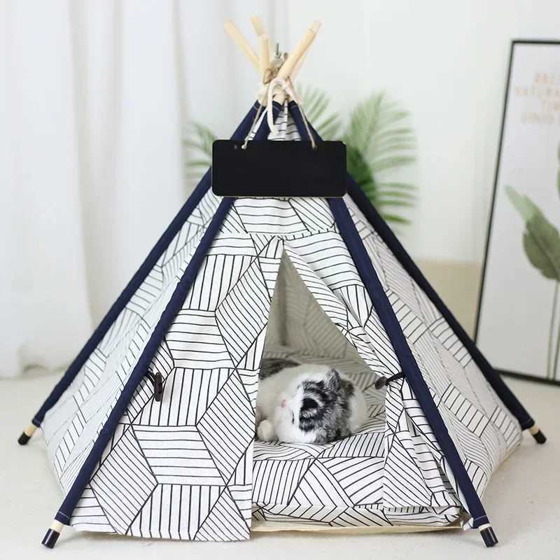 Dog Crates Kennels Dog and Cat Teepee with Cushion Washable Pet Tent with Blackboard and Green Leaves Pattern Cozy Bed for Small Pets H250221