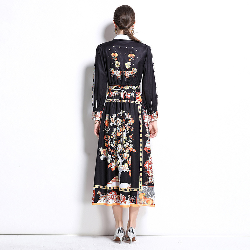 Spring New Womens Fashion Printed Collar Long Sleeve Crimson Waist Big Swing Long Skirt Dress