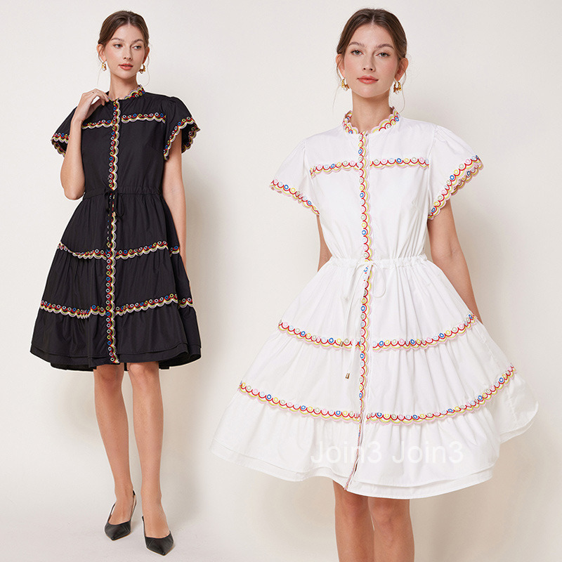 French style stand up collar colorful embroidery drawstring slim fit look at dress