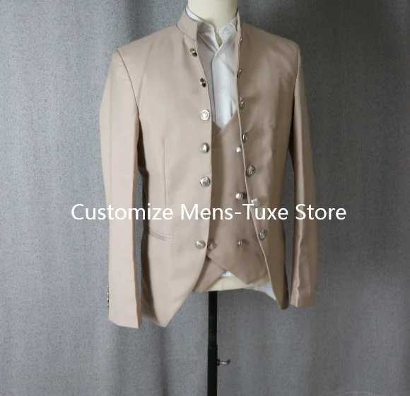 Beige Suits for Men 3 Piece Stand Collar Double Breasted Male Suit Slim Fit Causal Formal Elegant Groom Wedding TuxedoXJ250222