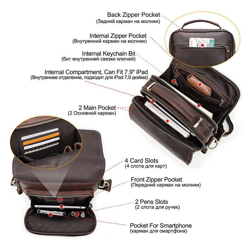 Contact's Crazy Horse Leather Men Messenge Bag Vintage Crossbody Shoulder Bags Multifunction Small Handbag For 10.5 Ipad Bolso