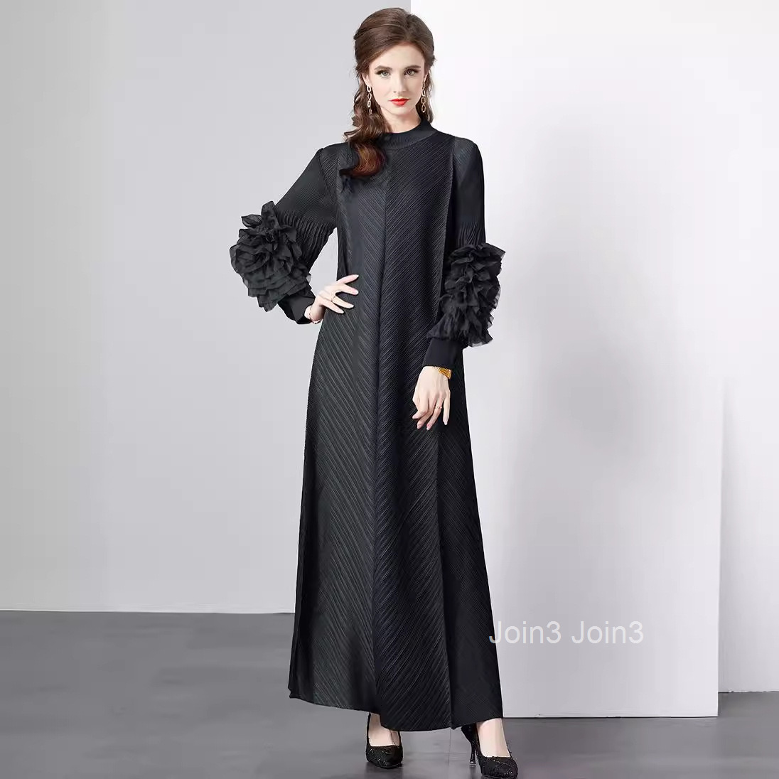 Floral Long Dress for Spring and Summer Solid Color Temperament Long Loose Plus Size Dress Pleated for Women