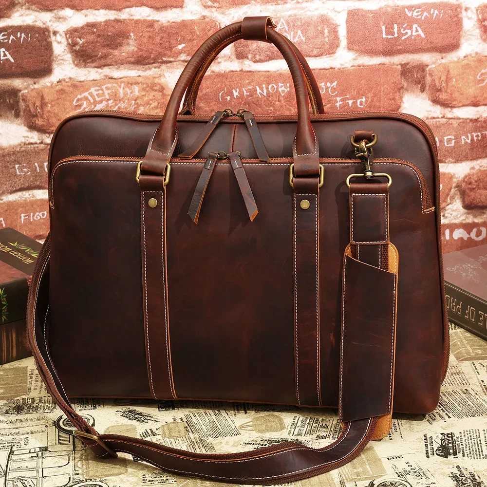 Crazy Horse Leather Mens Briefcases 15.6 Laptop Bag Office Bags for Men Vintage Cowhide Shoulder Messenger Bags New Z250220 - view 3