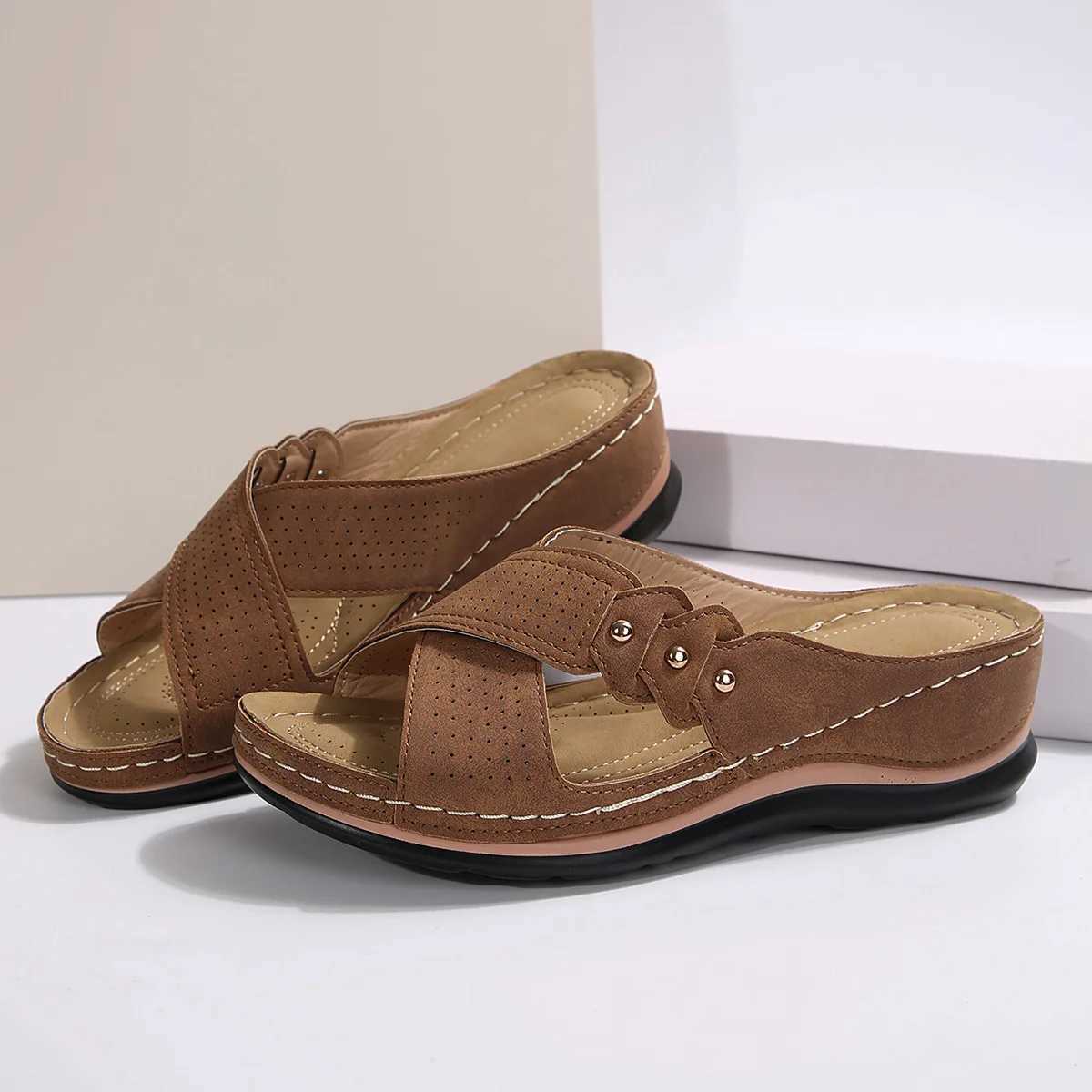 Vintage Mid Heel Strappy Back Open Toe Slide Sandals - Soft Faux Leather Upper Comfy PU Sole Comfortable Shoes for WomenXJ250221