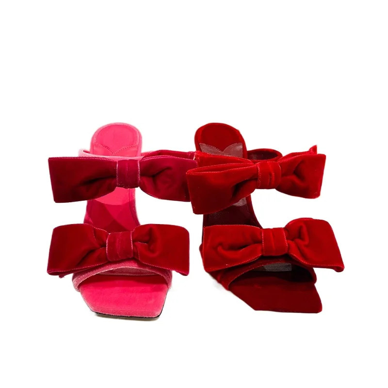 Bow Sugar Pink Pile Sandals 2024 Lady Sandals Square Toe Open Toe Stiletto Black Heels 250214