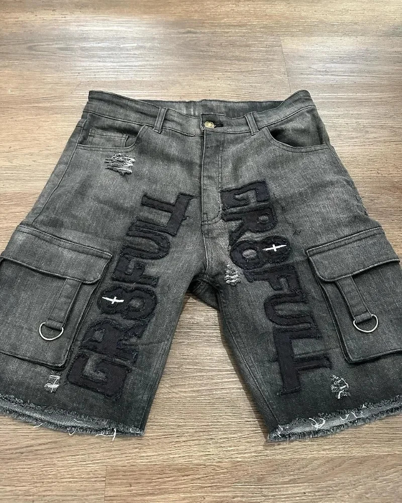 2024 Retro Gothic Trend American Letter Embroidery Tooling Denim Shorts Y2K Harajuku Hip Hop Loose Sports Street Wear 250214Z