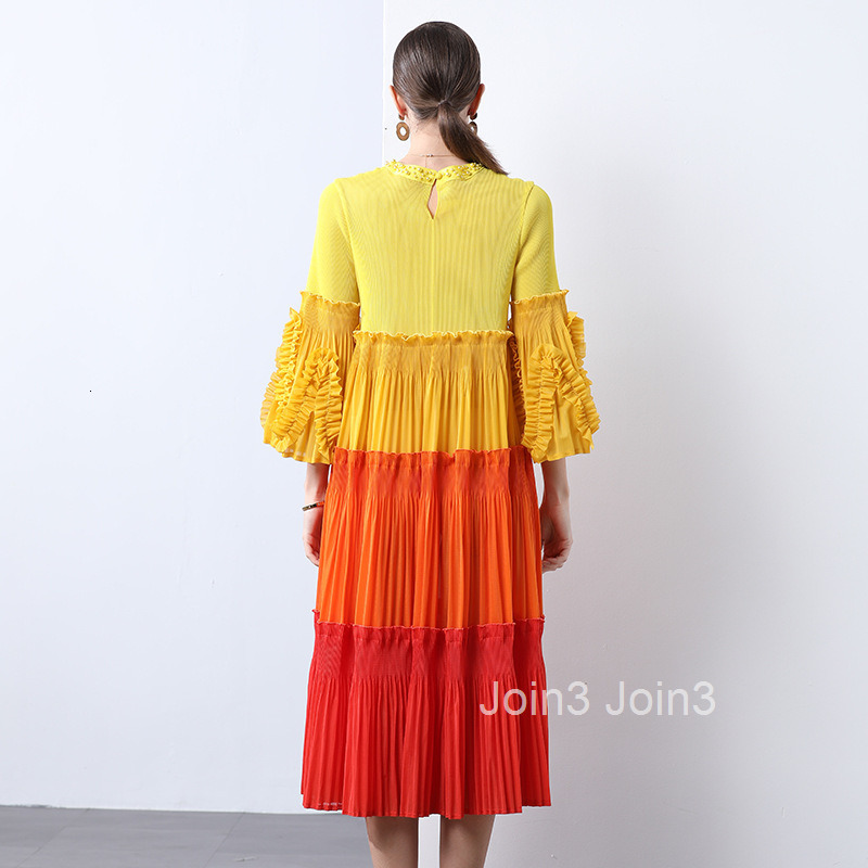 Miyake Color Blocking Splicing Pleated Nail Bead Trumpet Sleeve Large Swing Skirt Feeling Cake Skirt Dress for Women