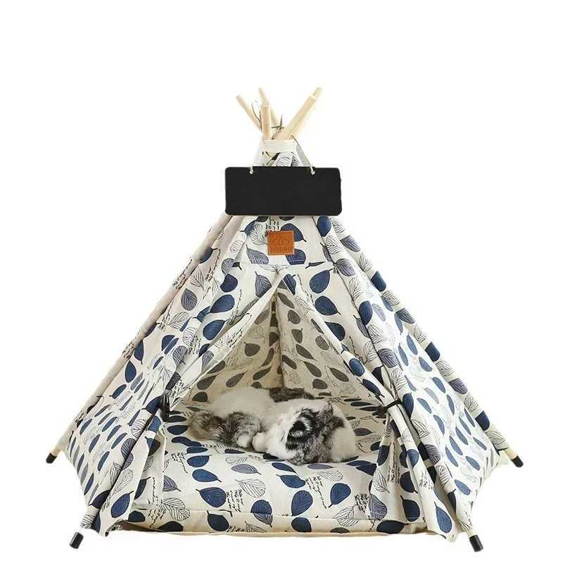 Dog Crates Kennels Dog and Cat Teepee with Cushion Washable Pet Tent with Blackboard and Green Leaves Pattern Cozy Bed for Small Pets H250221