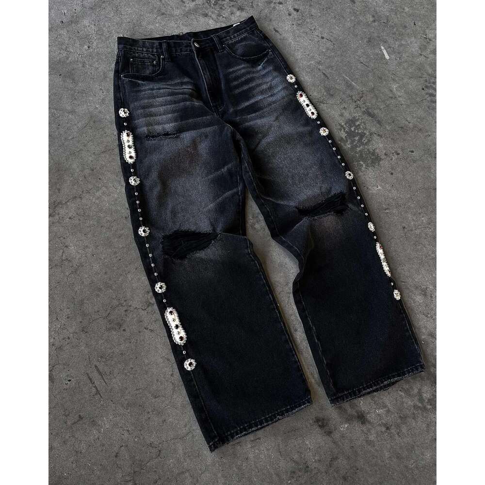 Punk Vintage Rhie Embellished Black Y2k American Style Streetwear Baggy Wide Leg Jeans Men Women Ripped Denim Pants